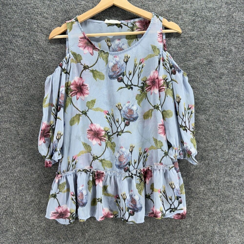 Peach Love Blouse Women S Small Blue Floral Cold Shoulder 3/4 Sleeve Casual